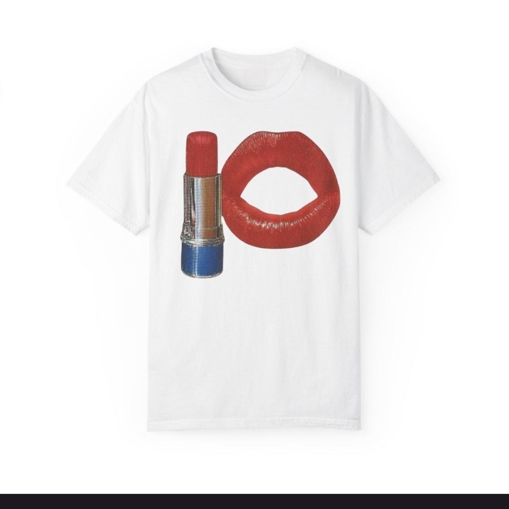 White T-Shirt with Red Lipstick Print
